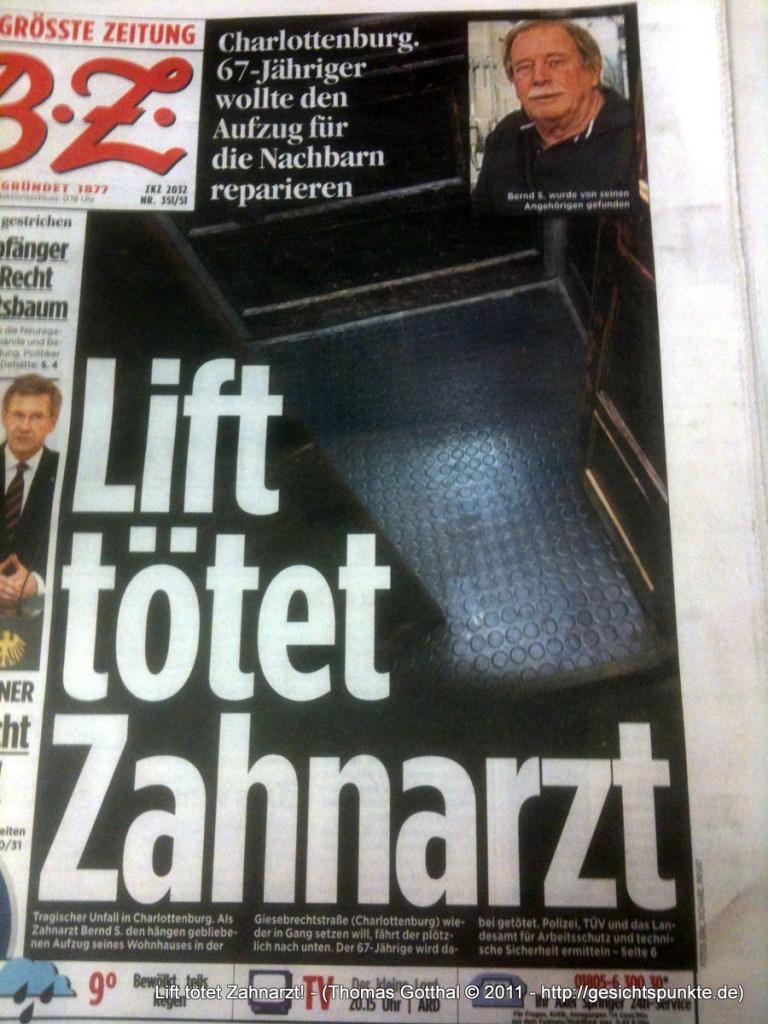 Lift tötet Zahnarzt! (BZ-Titelseite 22.12.11)
