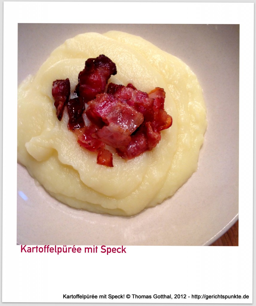 Kartoffelpürée mit Berliner Speckgürtelfleisch in Würfeln, angebraten