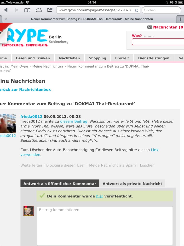 Trollartiger Kommentar auf qype #Cyber Mobbing