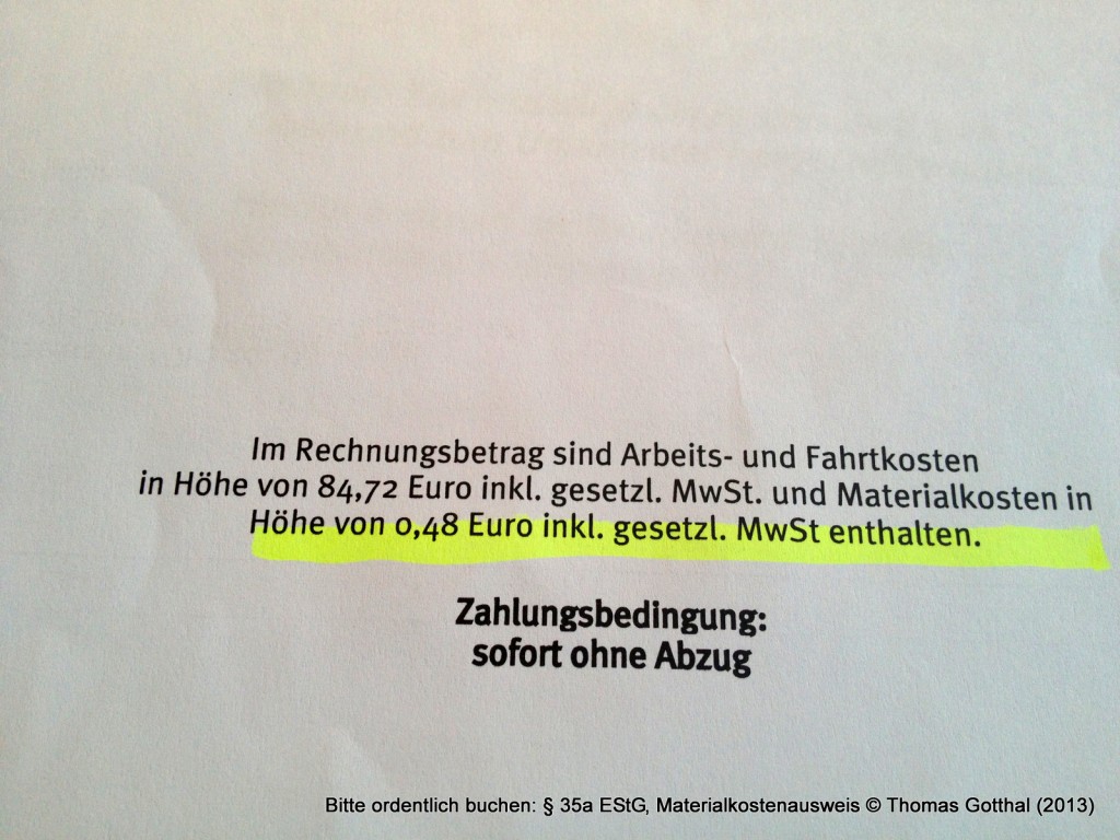 Bitte ordentlich buchen: § 35a EStG, Materialkostenausweis