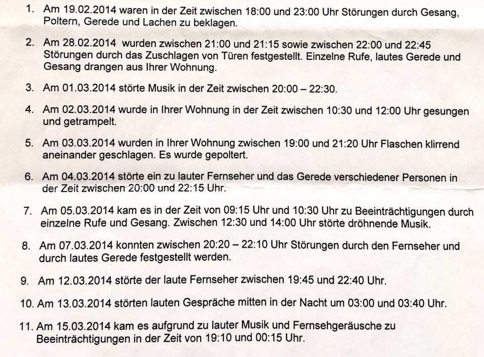 Ausriss aus der Nachbarschaftsbeschwerde gegen Ruby Tuesday in Berlin-Wilmersdorf